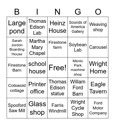 Greenfield village Bingo Card