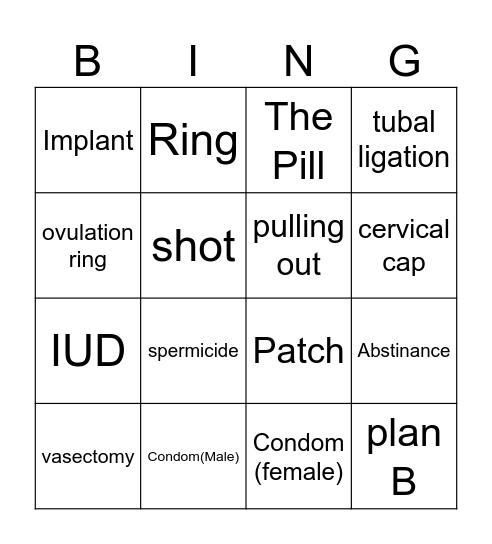 Birth Control Bingo Card