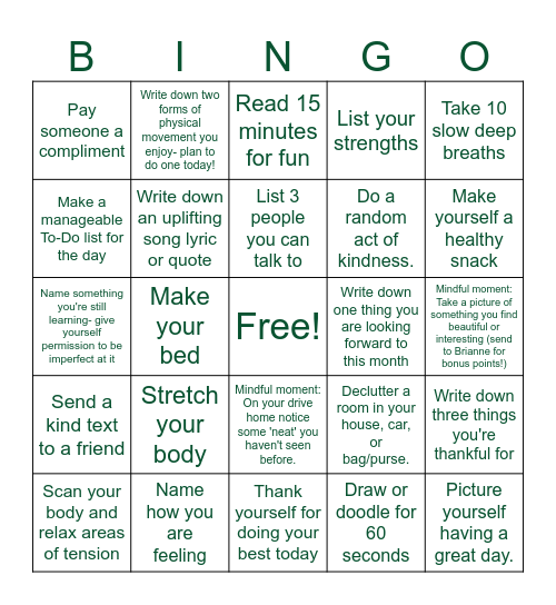 May is Mental Health Month Bingo Card