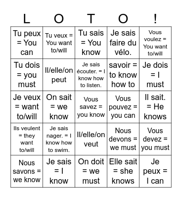 Vouloir/Pouvoir/Devoir/Savoir Bingo Card