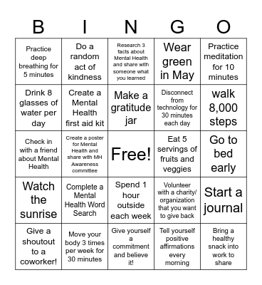 Mental Health Awareness BINGO Card