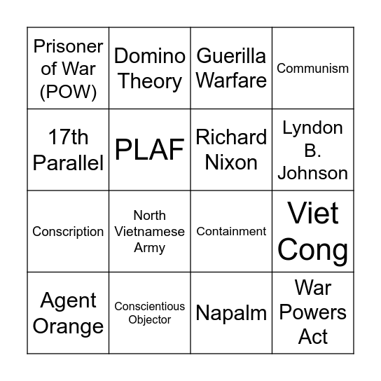 War in Vietnam Bingo Card