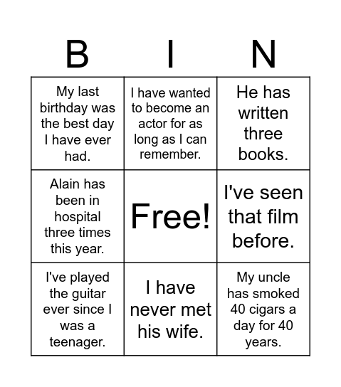 PRESENT PERFECT Bingo Card
