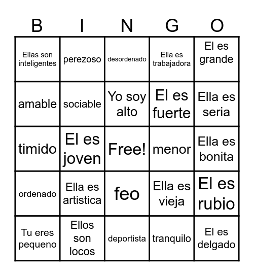 Adjectives (Pesonalidad y Caracteristicas) Bingo Card