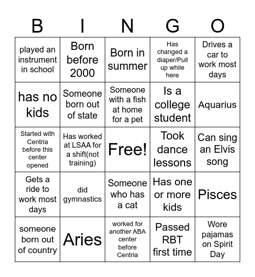 Staff Bingo Card