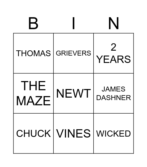 THE MAZE RUNNER Bingo Card