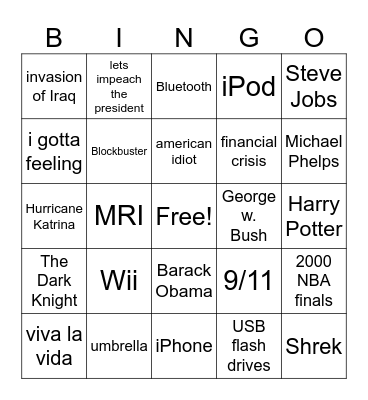 2000's Decade Bingo Card