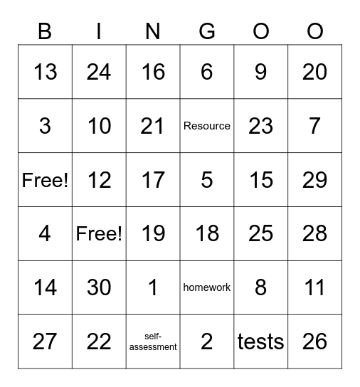 Review for final Exam Bingo Card