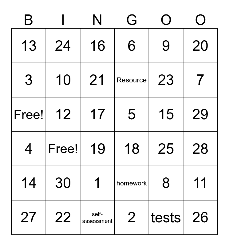 Review for final Exam Bingo Card
