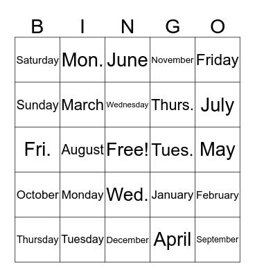 Days of the Week - Months of the Year Bingo Card