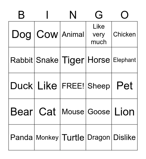 Animals and Pets Bingo Card