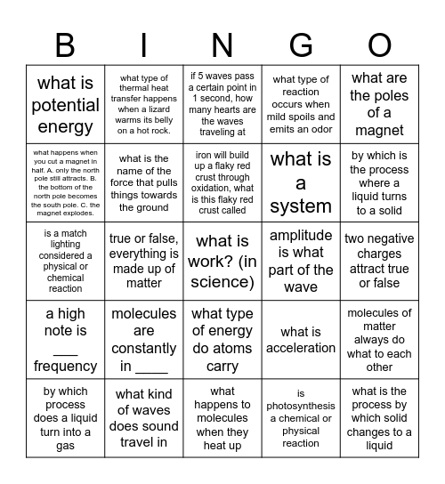 SCIENCE BINGO Card