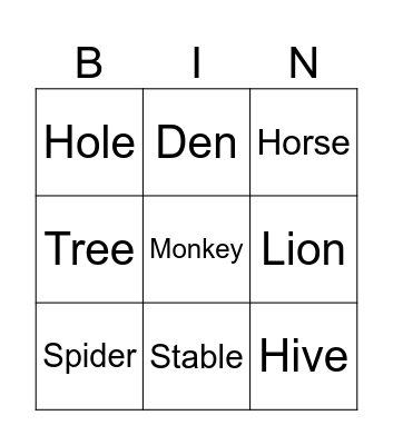 Animals Bingo Card