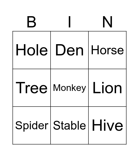 Animals Bingo Card