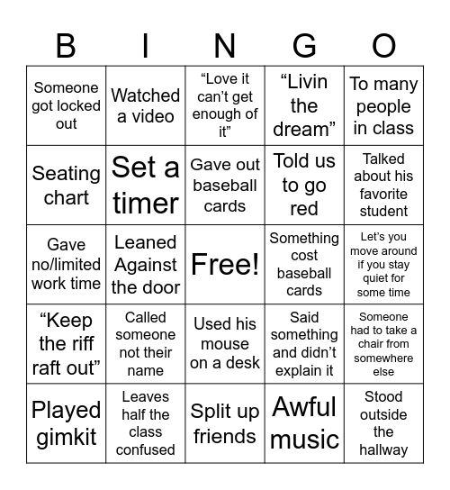 Kenyon Bingo Card