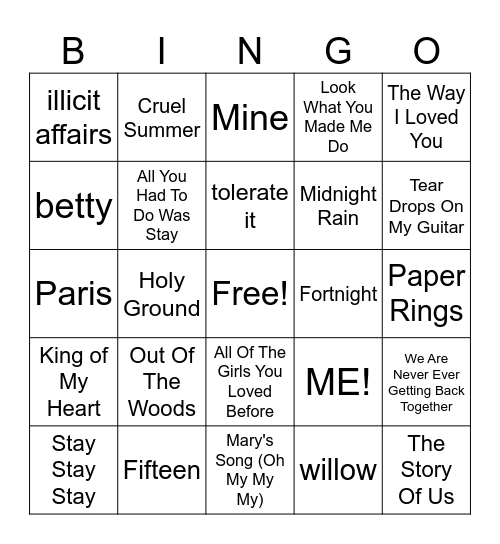 MM Taylor Swift Bingo #1 Bingo Card