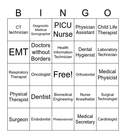 Careers in Healthcare Bingo Card