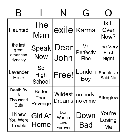 MM Taylor Swift Bingo #3 Bingo Card
