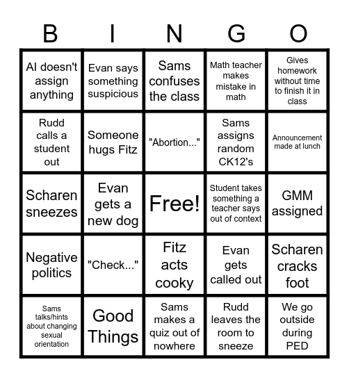 School Week - Bingo Card