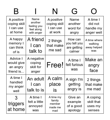 Anger Bingo Card