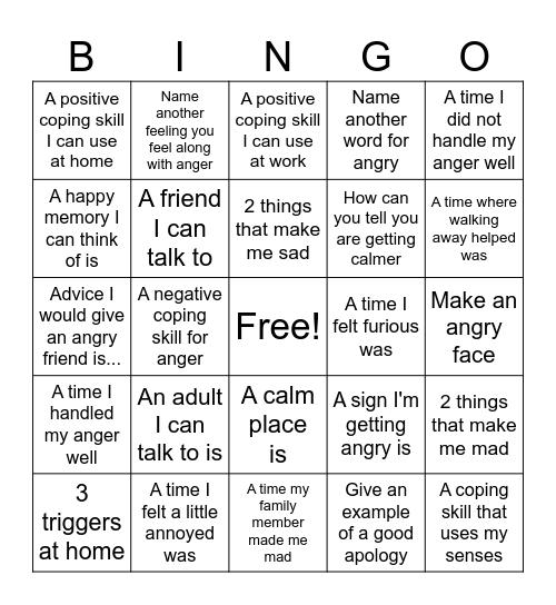 Anger Bingo Card