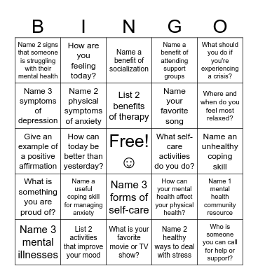 Mental Health Awareness Bingo Card