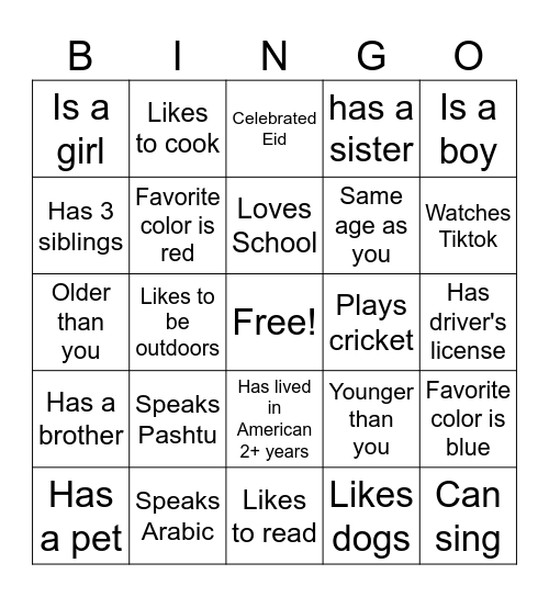 Name Game Bingo Card