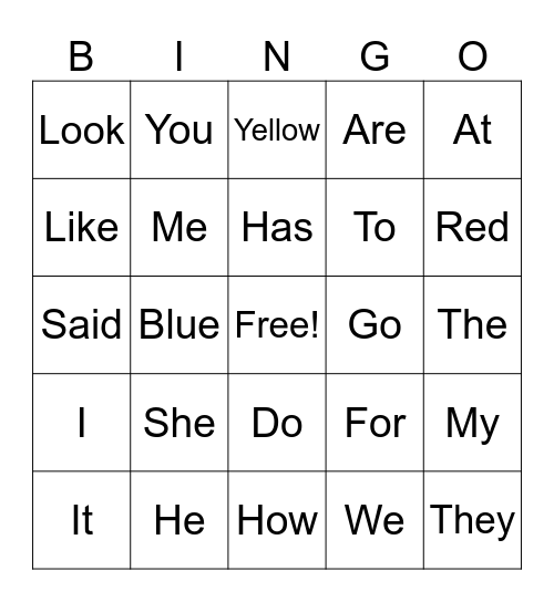 Sight Word Bingo Card