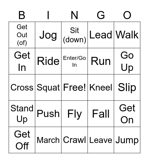 Action Verbs Bingo Card