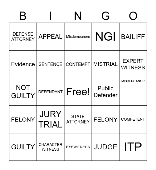 Court Competency Bingo Card