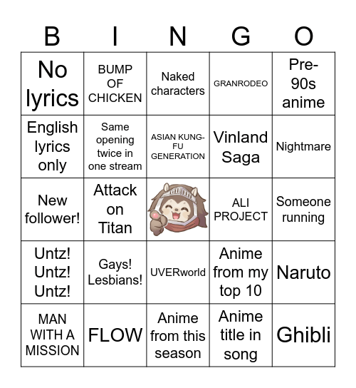 Anime Music Quiz Bingo Card