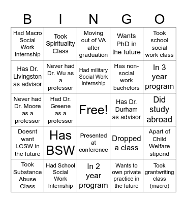 NSU SWK Bingo Card