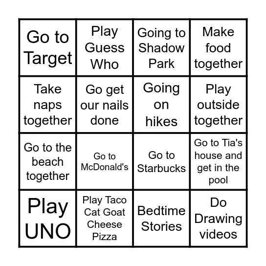 Mommy Daughter Bingo Card