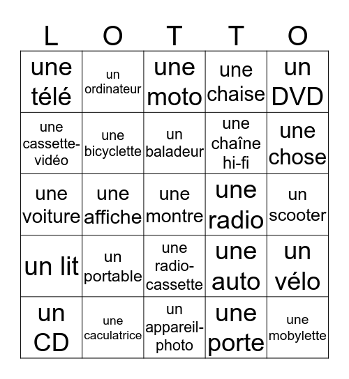 9 Vocabulaire--Les Objects Bingo Card