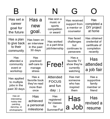 Workforce Development Bingo Card