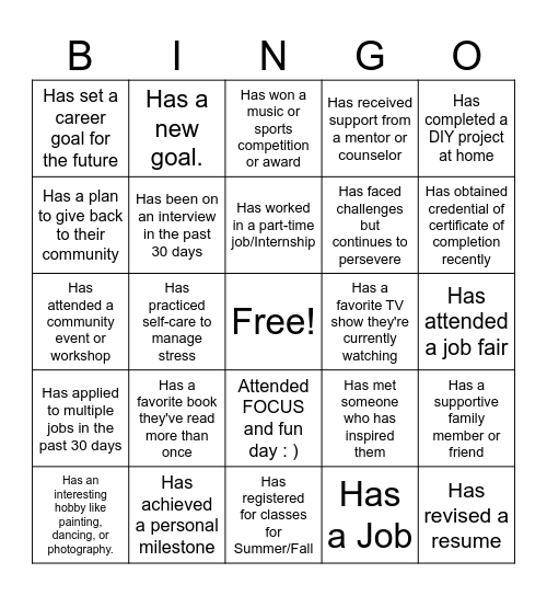 Workforce Development Bingo Card