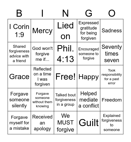 Forgiveness Bingo Card