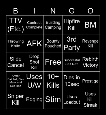 Warzone Rebirth Bingo Card
