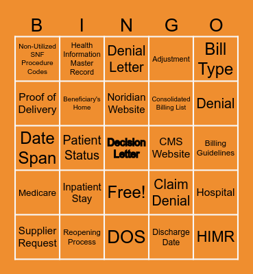 Inpatient Process Bingo Card