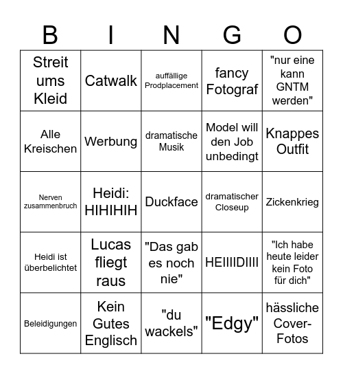 Topmodel Bingo Card