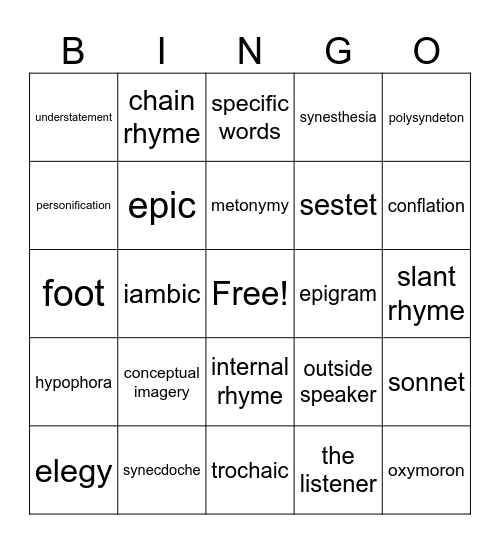 Poetry Bingo Card