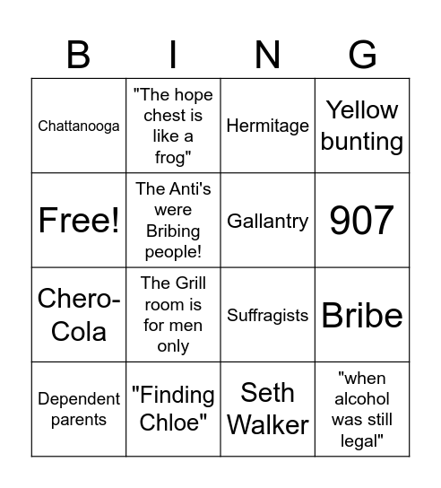 Hope Chest Chapter 11 Bingo Card