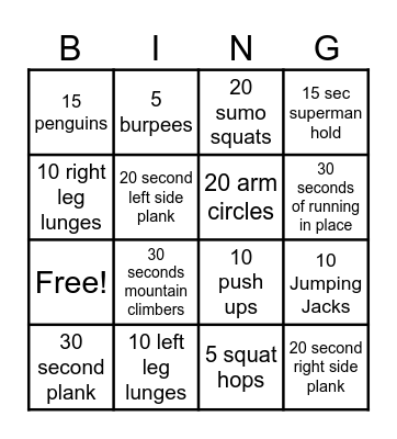 Fitness Bingo Card