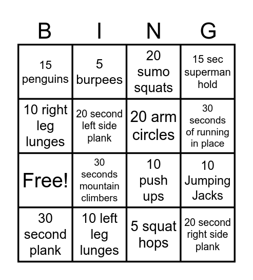 Fitness Bingo Card