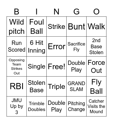 JMU Baseball Bingo Card