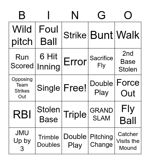 JMU Baseball Bingo Card