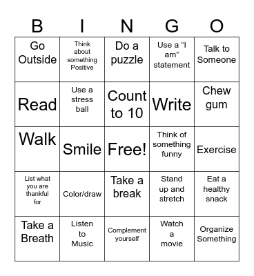 Mental Health Bingo Card