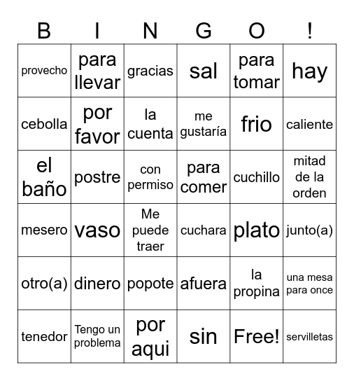 "El Restaurante" Bingo Card