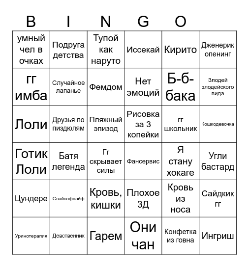 Бинго херовго аниме Bingo Card