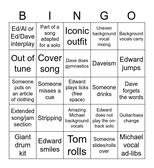 Van Halen Roth Era Concert Bingo Card